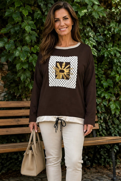 Gold Trim Tied Hem Vienna Top - Chocolate