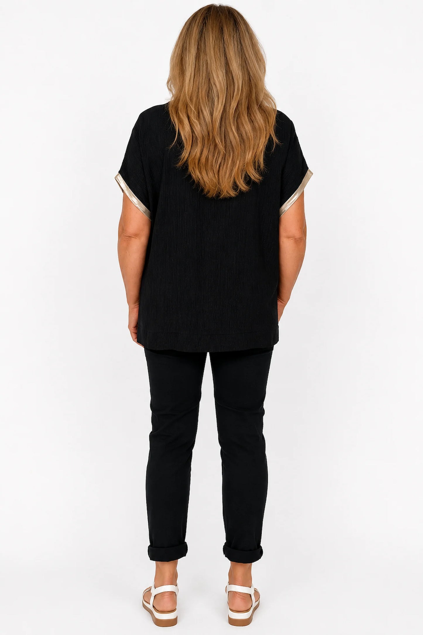 Lightly Textured Golden Diamanté Clover Gold Trim Diana Top - Black