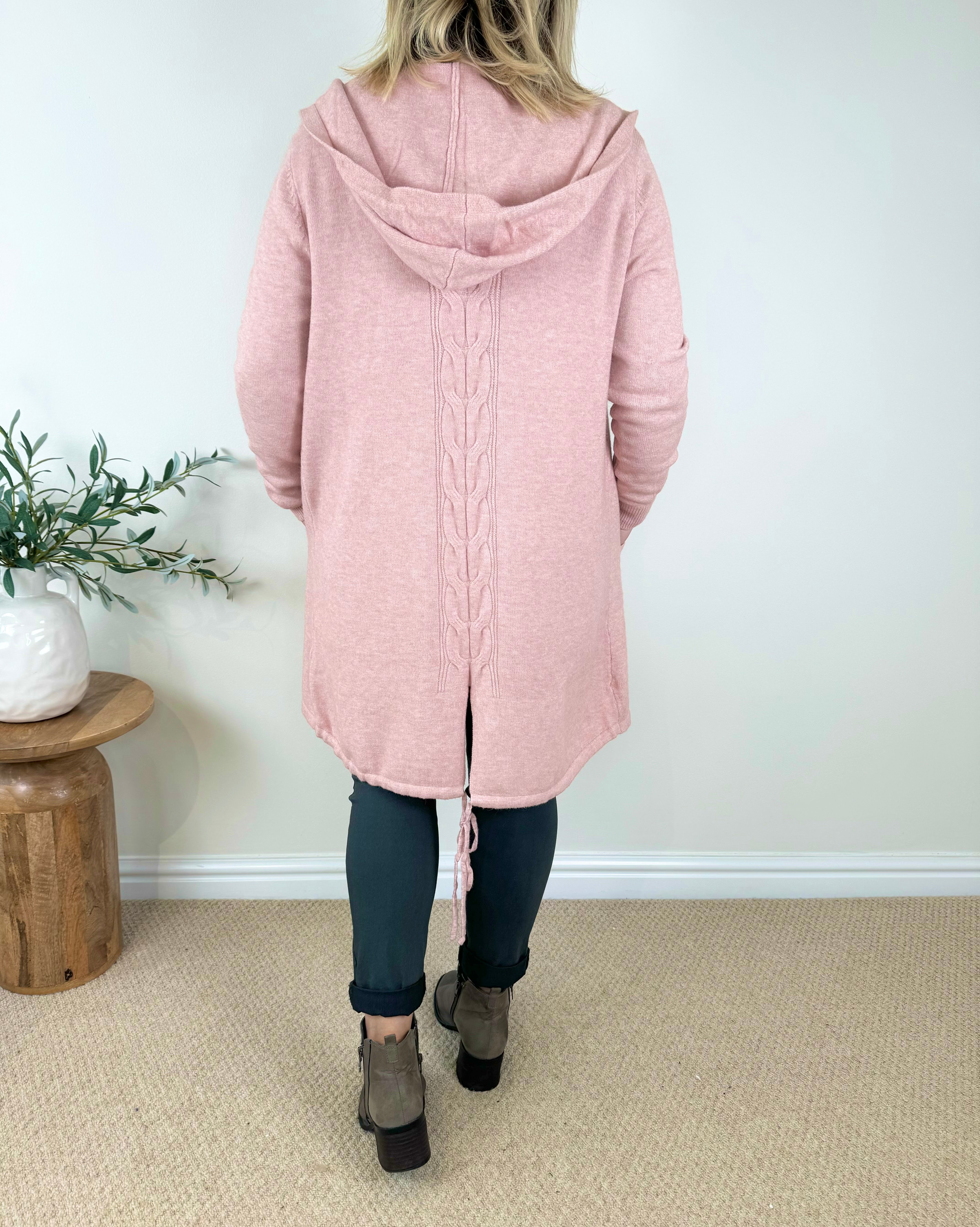 Premium Knit Double Pocket Tied Back Detail Hooded Cardigan AW24