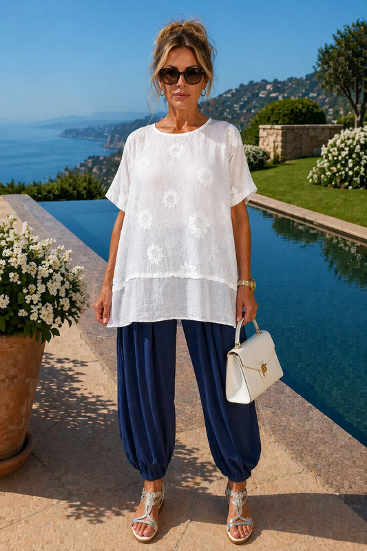 Pure Cotton Embroidered Floral Detail Positano Top - White