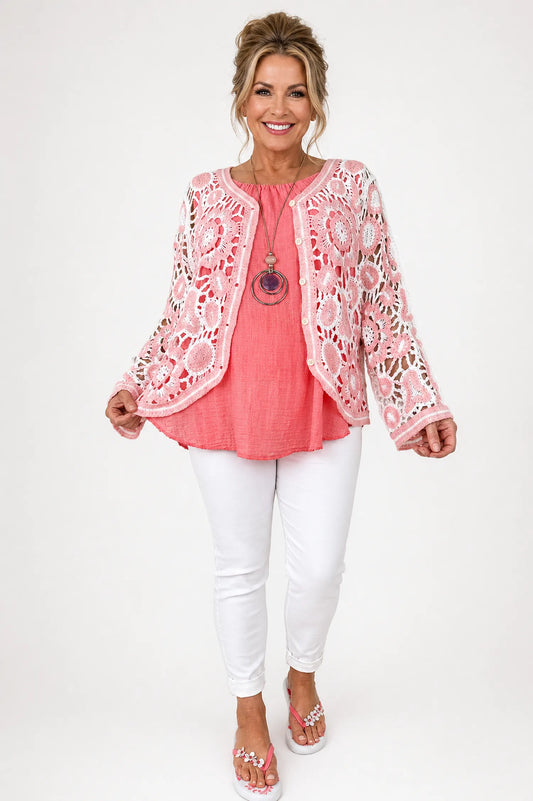 Colette Button Crochet Cardigan - Baby Pink