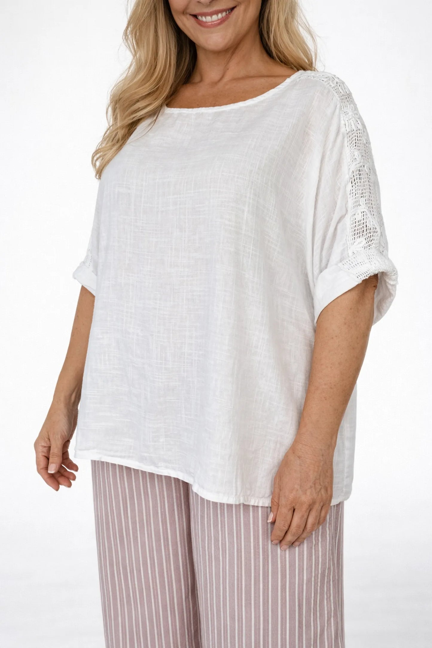 Linen Cotton Mix Premium Stitch Floral Crochet Shoulder Toscana Top - White
