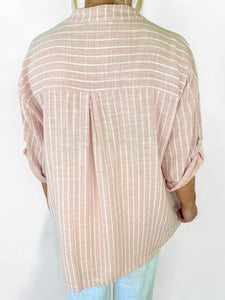 Pure Cotton Pin Stripe Button Sleeve Veresca Shirt - Baby Pink