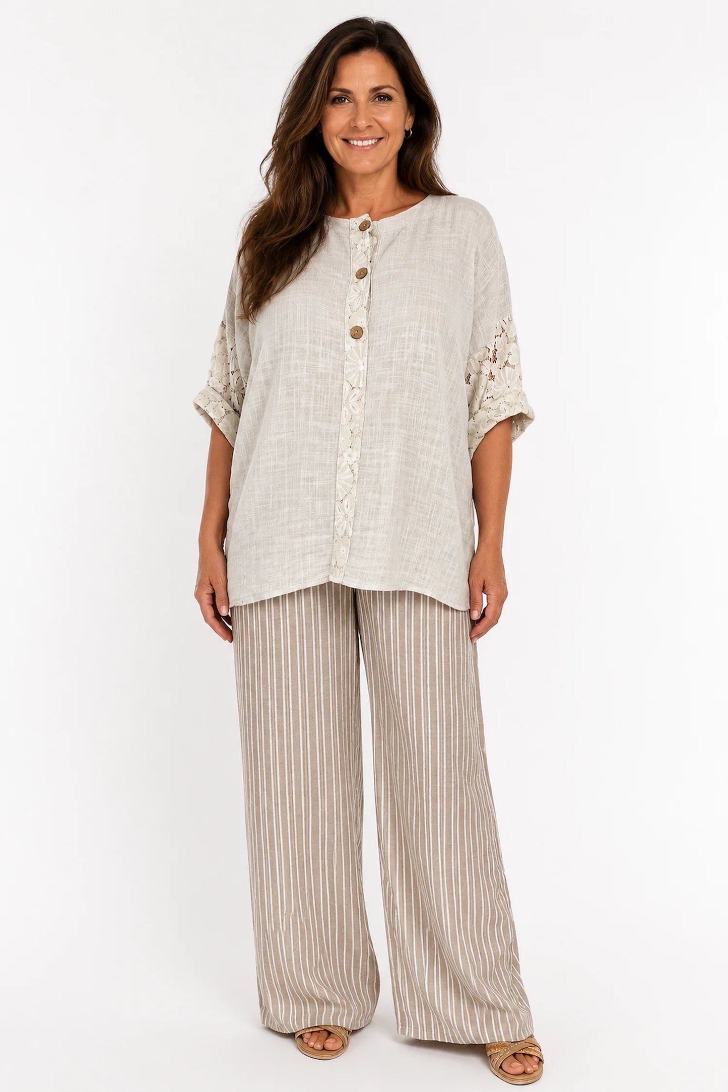 Linen Look Cotton Lace Sleeve Calabri Button Top - Beige
