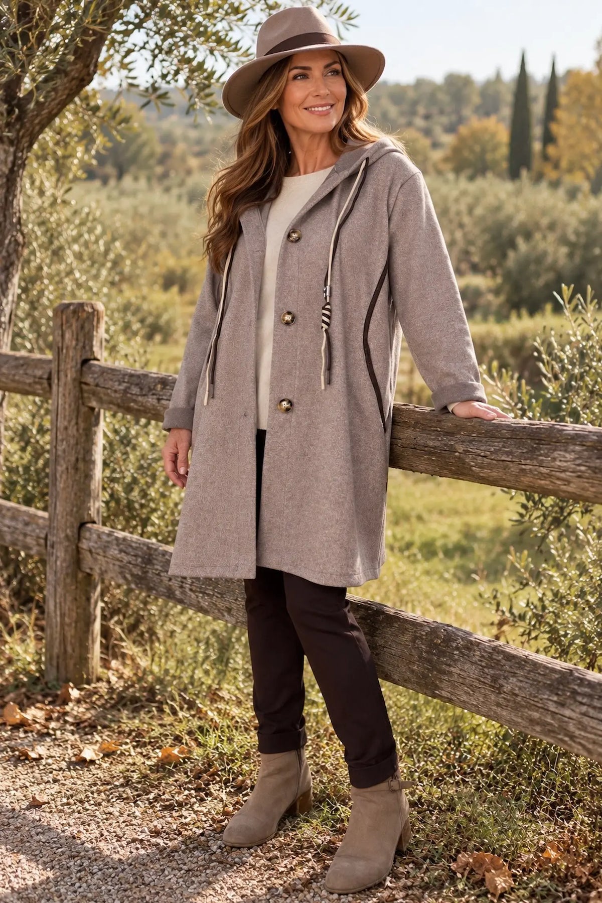 Viera Contrast Trim Double Pocket Drawstring Hooded Button Coat - Mocha