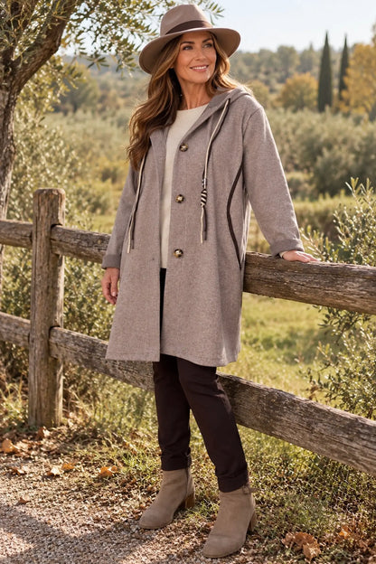 Viera Contrast Trim Double Pocket Drawstring Hooded Button Coat - Mocha