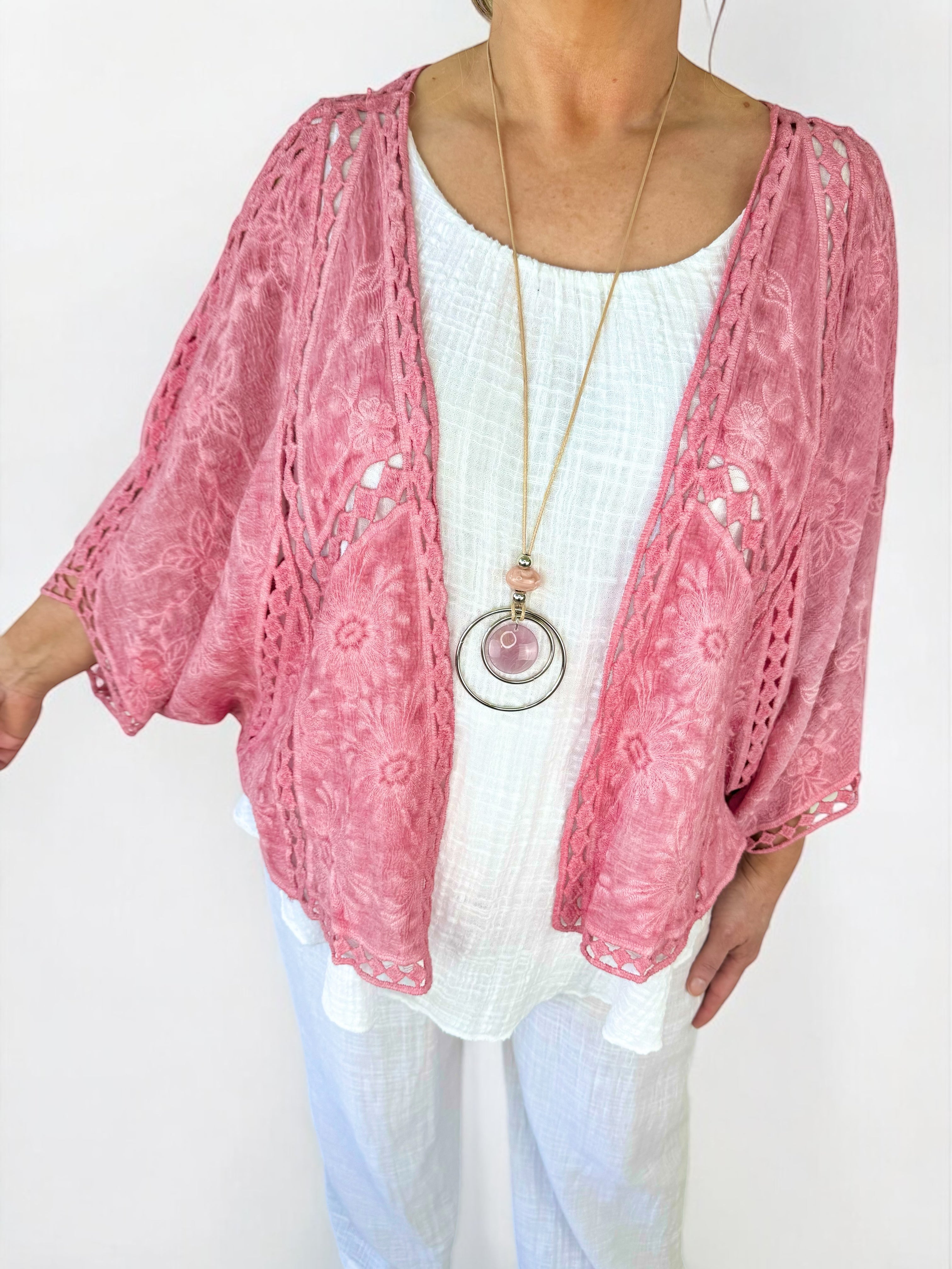 Pure Cotton Embroidery Anglaise Batwing Shrug - Raspberry Ripple