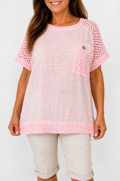 Pure Cotton Crochet Detail Button Pocket Palermo Top - Baby Pink