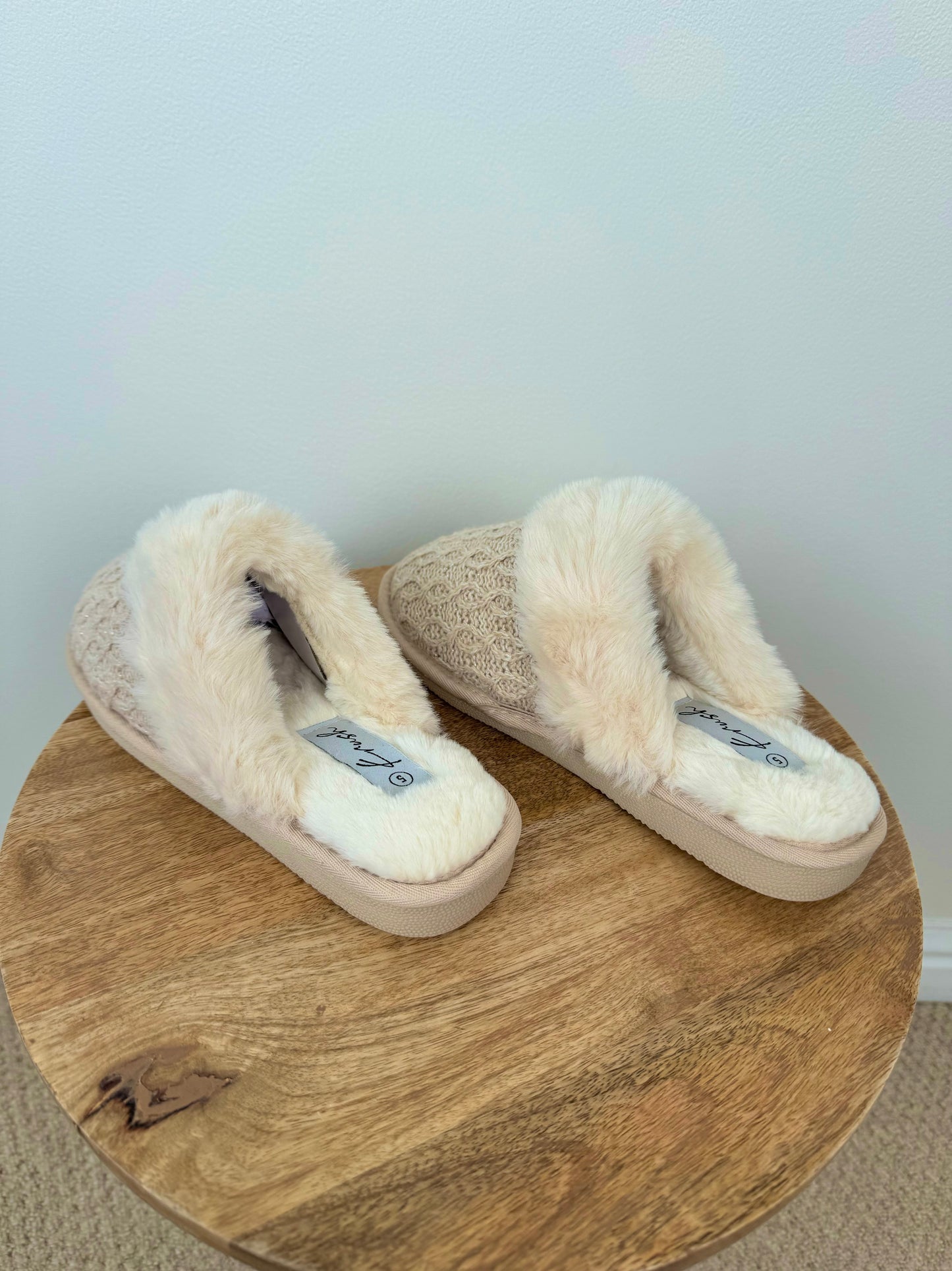 Faux Fur Lined Silver Sparkle Detail Slippers - Beige