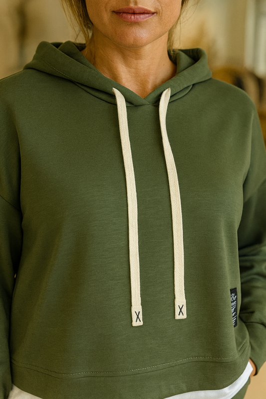 Two In One Effect Badge Detail Carla Hoodie - Khaki