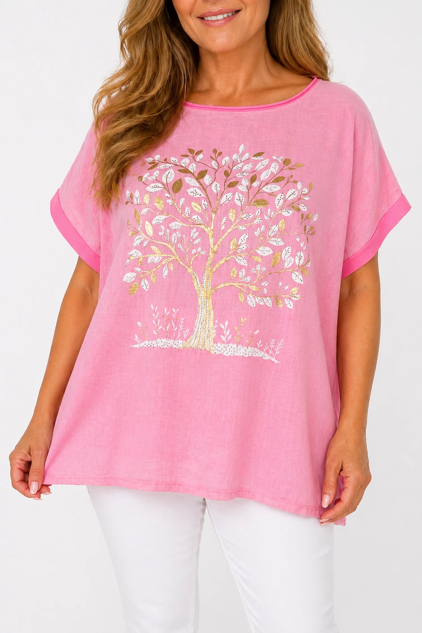 Linen Cotton Mix Diamanté Golden Leaf Carletta Top - Summer Rose Pink