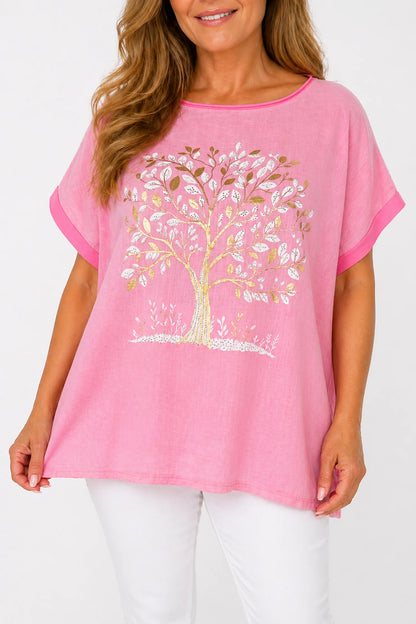 Linen Cotton Mix Diamanté Golden Leaf Carletta Top - Summer Rose Pink