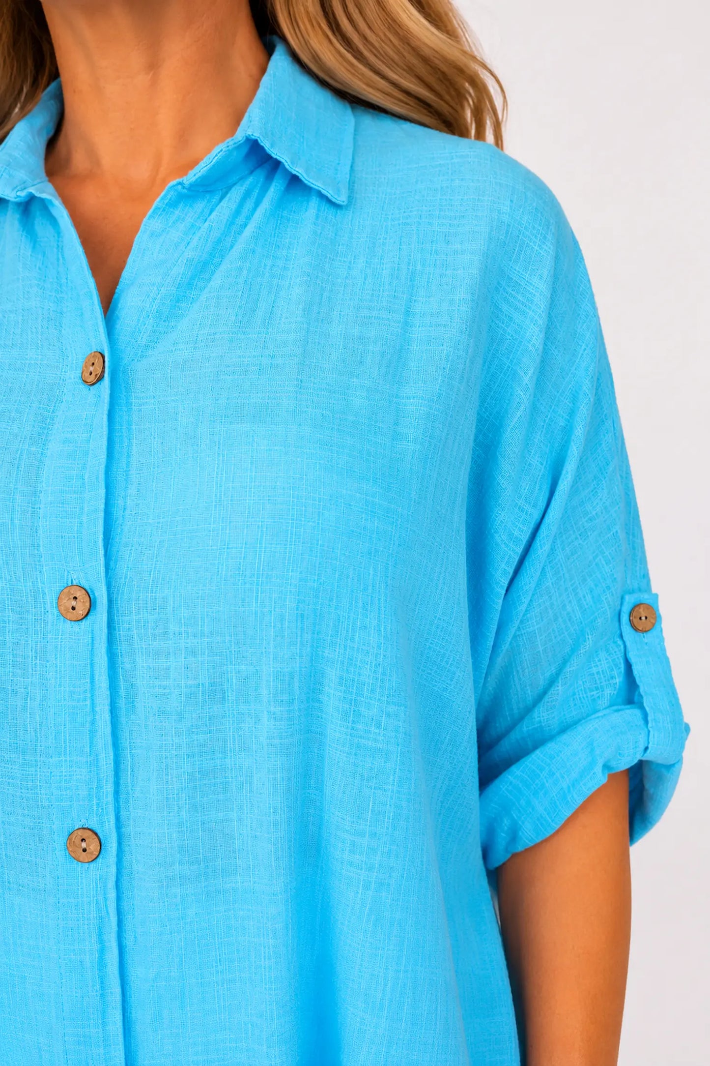 Pure Cotton Button Sleeve Cressida Button Shirt - Turquoise