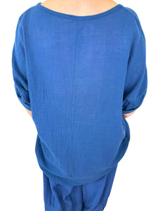 Pure Cotton Pocket Detail Button Sleeve Venice Necklace Top - Navy