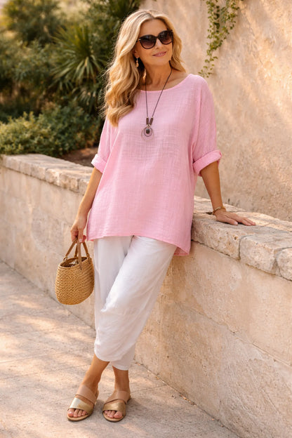 Pure Cotton Linen Look Italia Necklace Top - Baby Pink