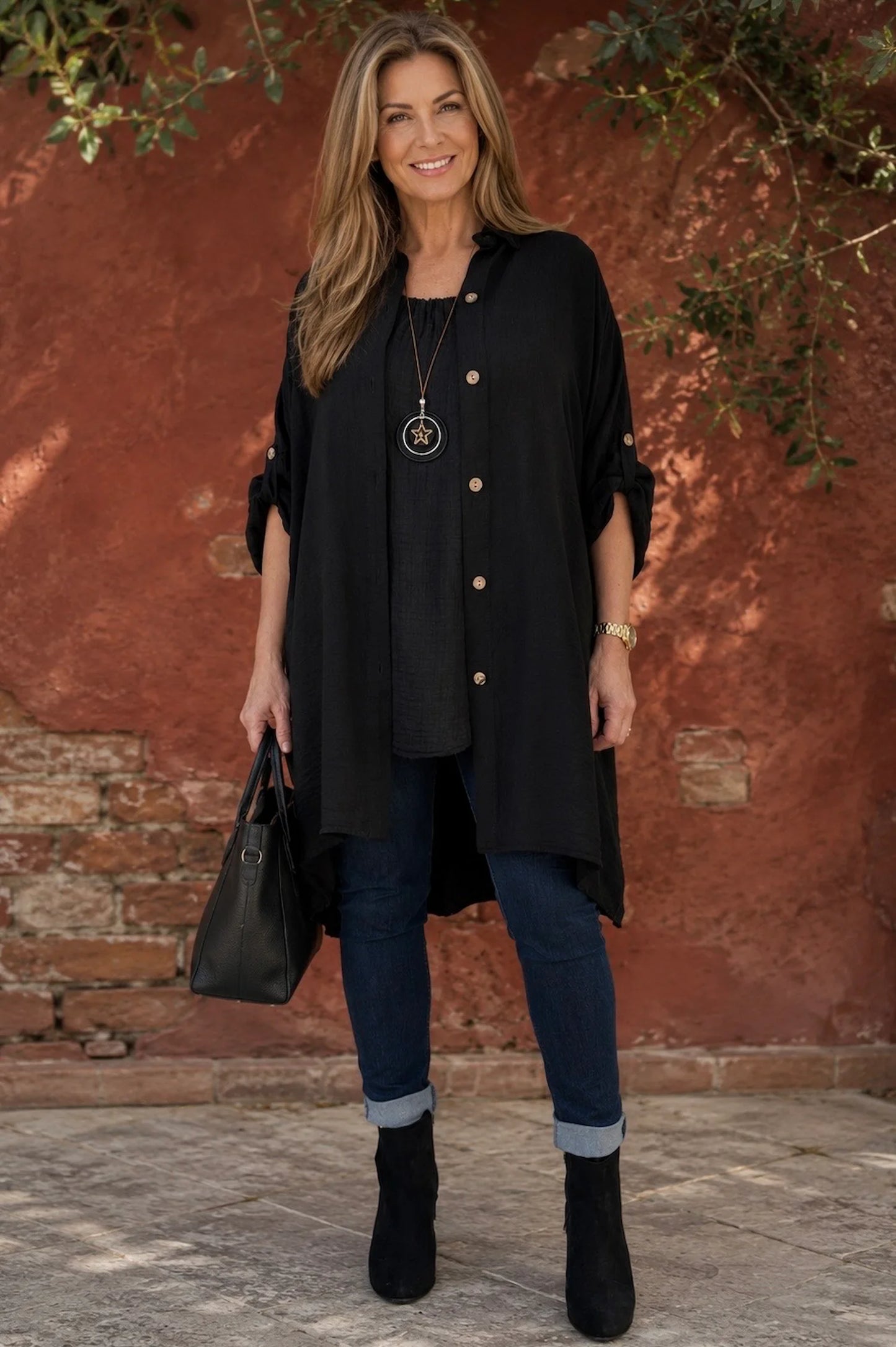 Button Sleeve Maxine Longline Button Shirt - Black