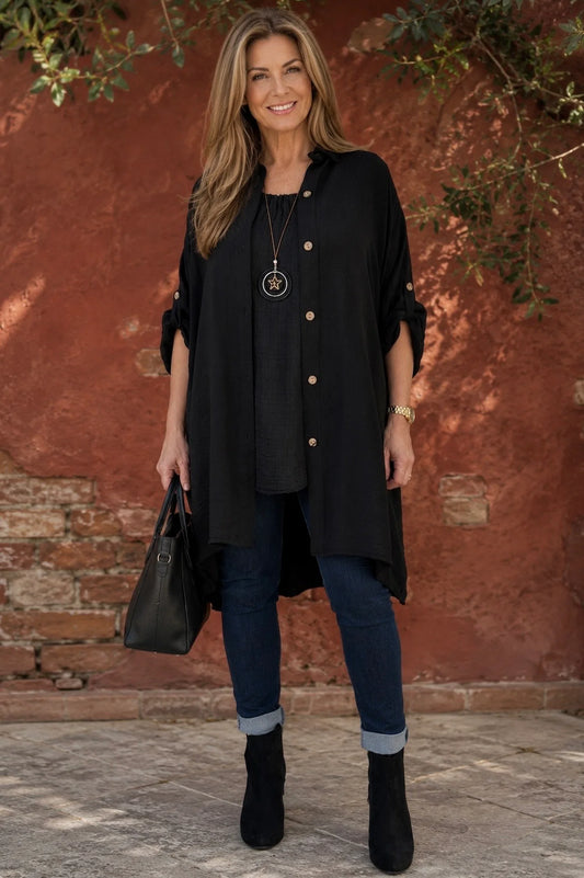 Button Sleeve Maxine Longline Button Shirt - Black
