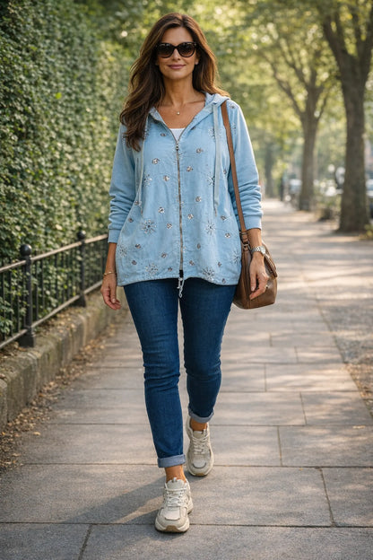 Cotton Sequin Floral Embroidery Double Pocket Zipped Siena Drawstring Hem Hoodie - Baby Blue