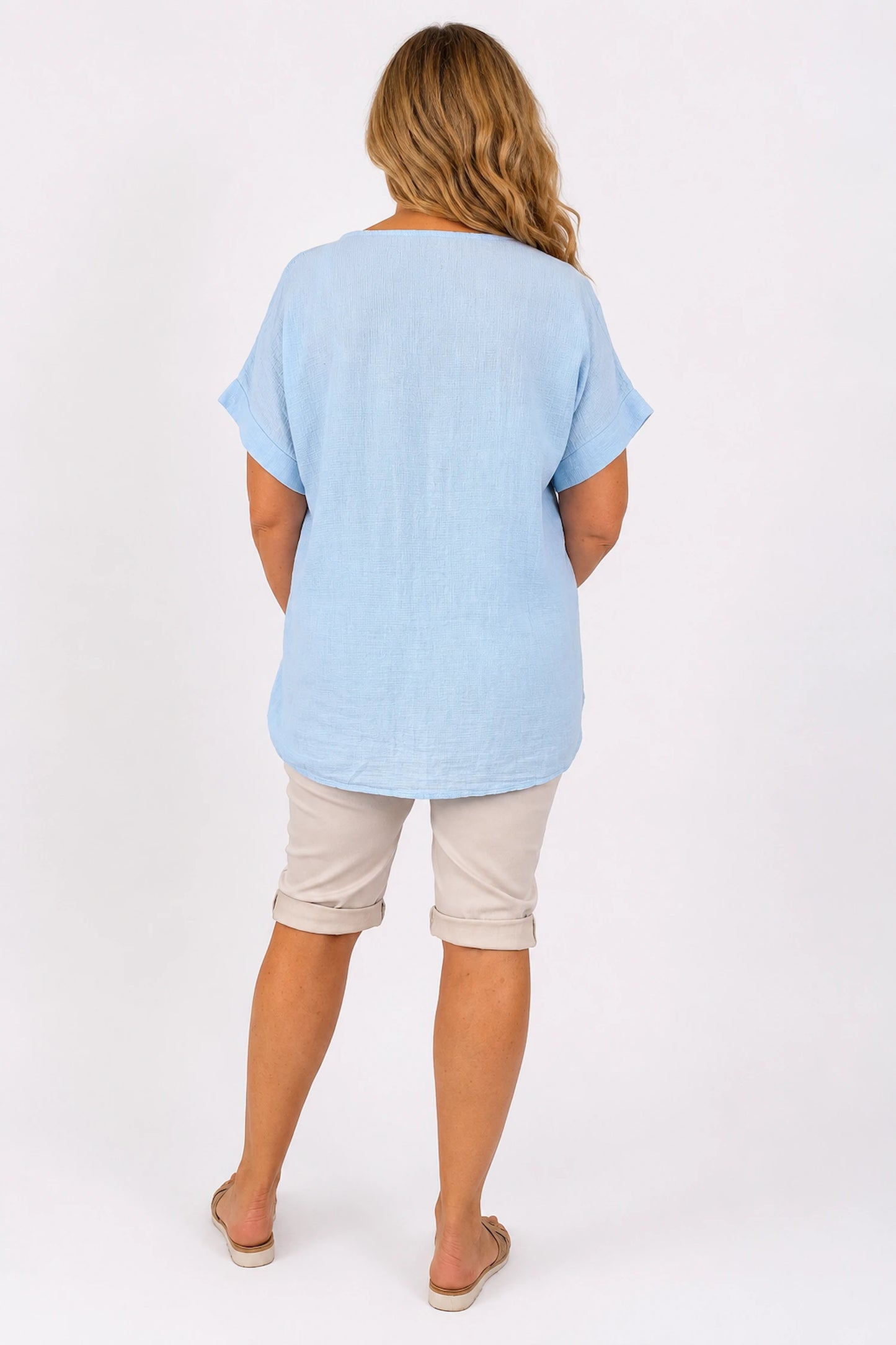 Pure Cotton Embroidered Flower Mesh Detail Capari Top - Baby Blue