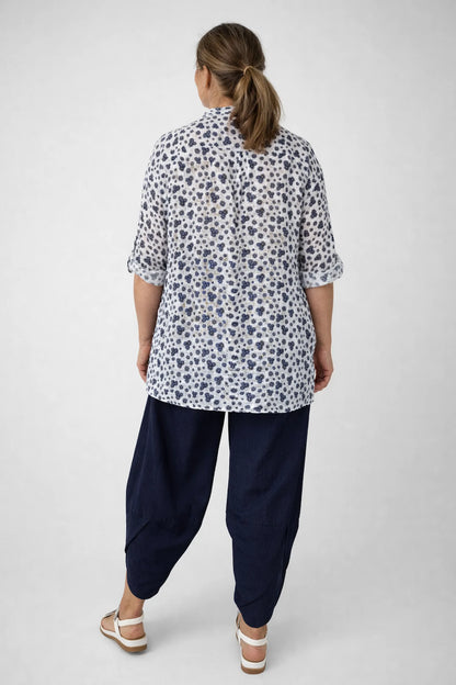 Linen Look Cotton Button Sleeve Daisy Button Shirt - White