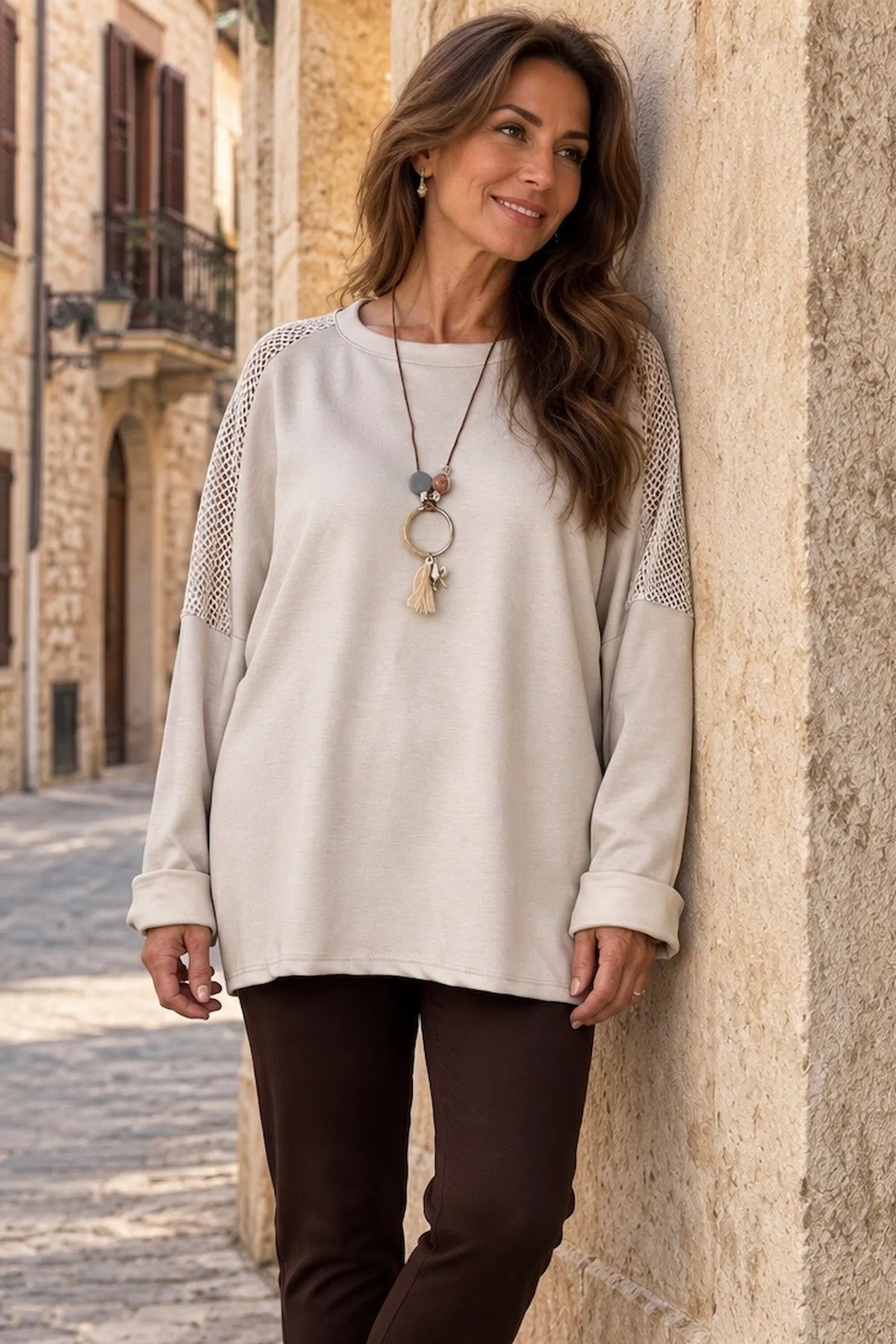 Roxanne Mesh Detail Necklace Top - Beige