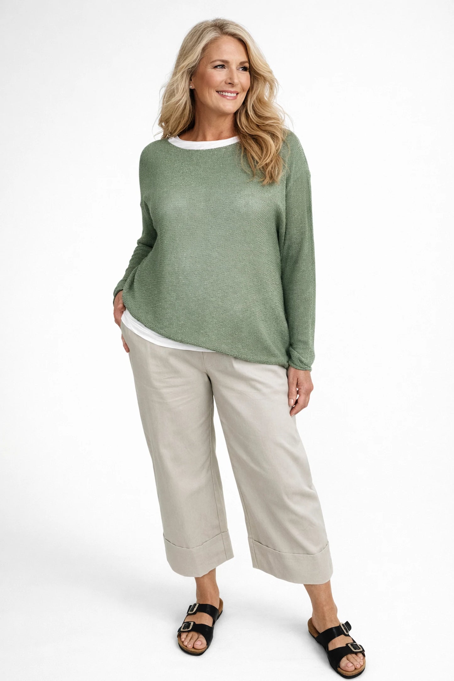 Stretch Wide Leg Capri Double Pocket Cuff Trouser - Beige