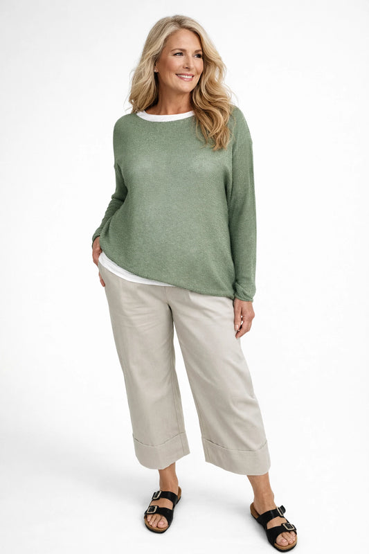 Stretch Wide Leg Capri Double Pocket Cuff Trouser - Beige