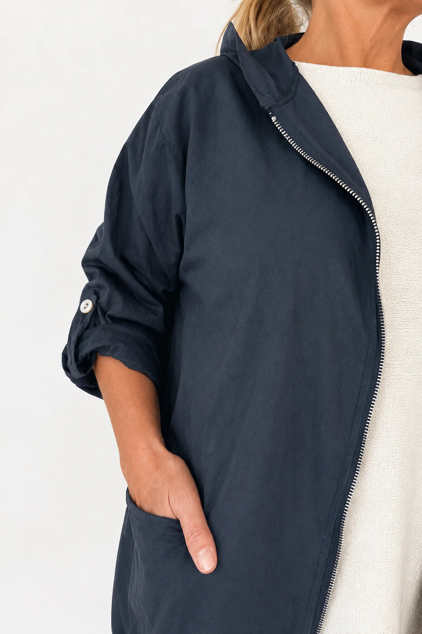 Button Sleeve Double Pocket Drawstring Hem Zipped Emila Hooded Jacket - Black