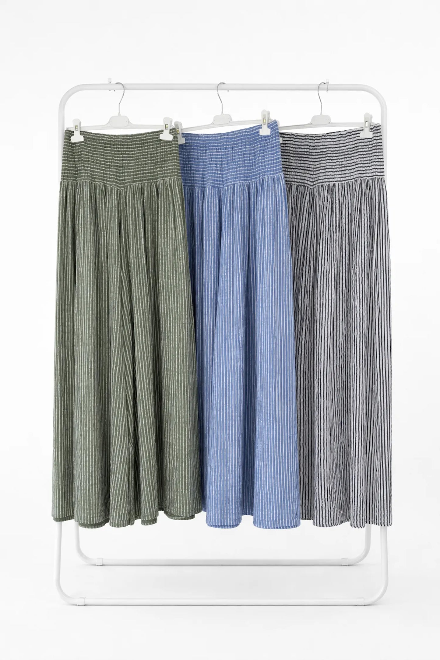 Pure Cotton Smocked Waist Striped Fiora Wide Leg Pants - Khaki