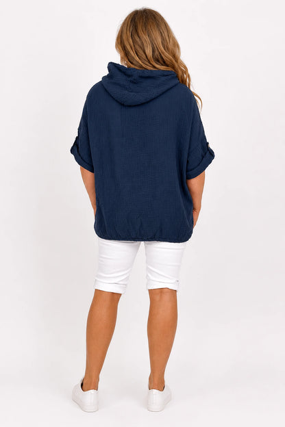 Pure Bubble Cotton Button Sleeve Badge Detail Pocketed Zara Hoodie - Navy