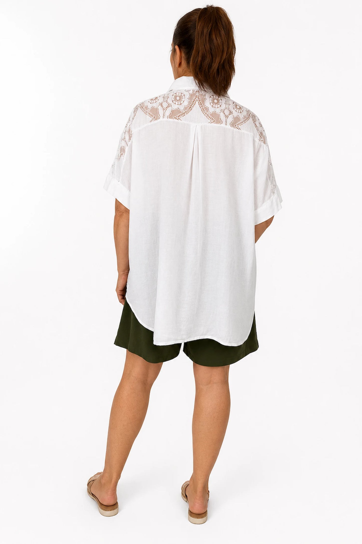 Lace Crochet Shoulder Alexandra Button Shirt - White