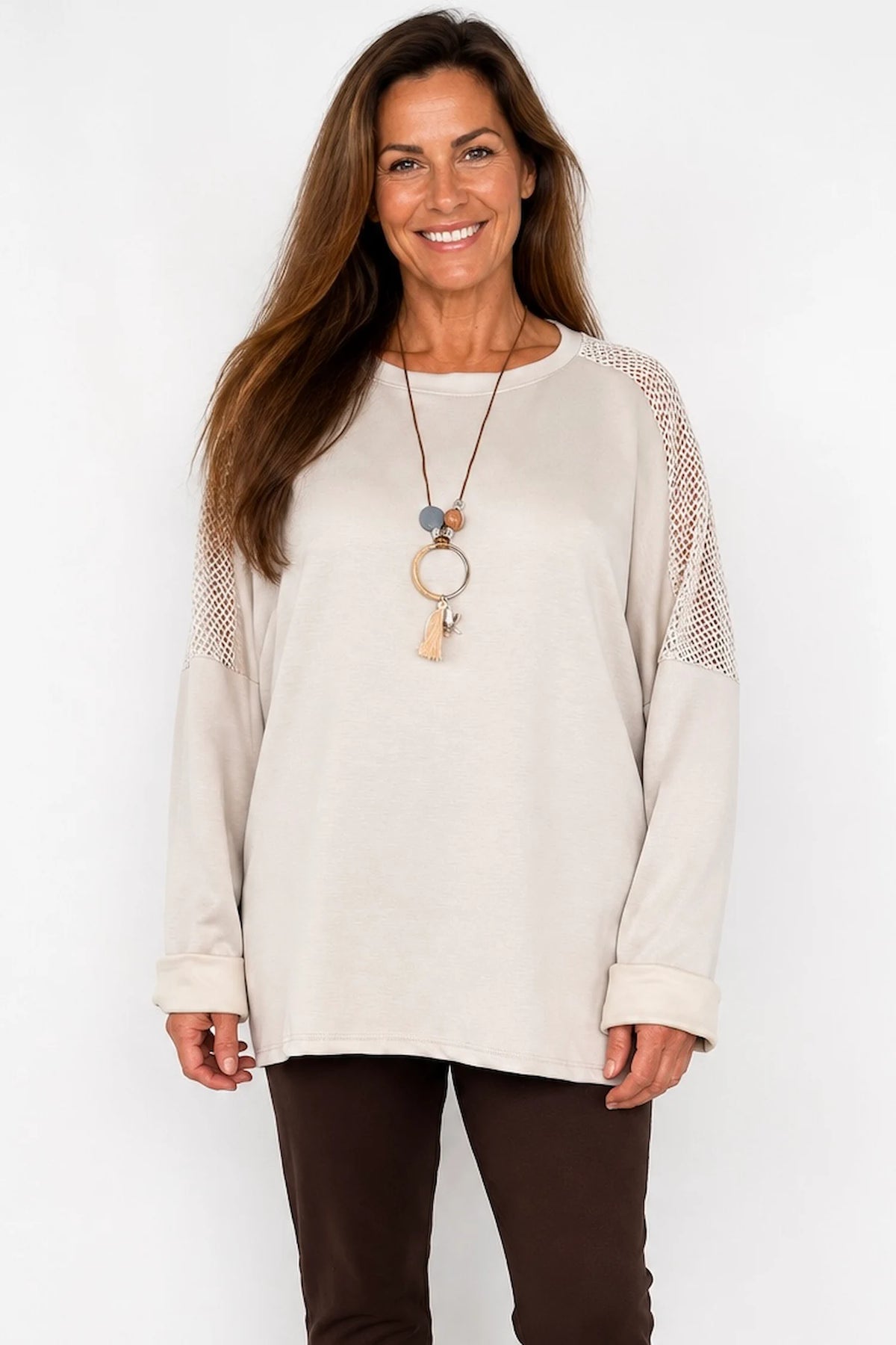 Roxanne Mesh Detail Necklace Top - Beige