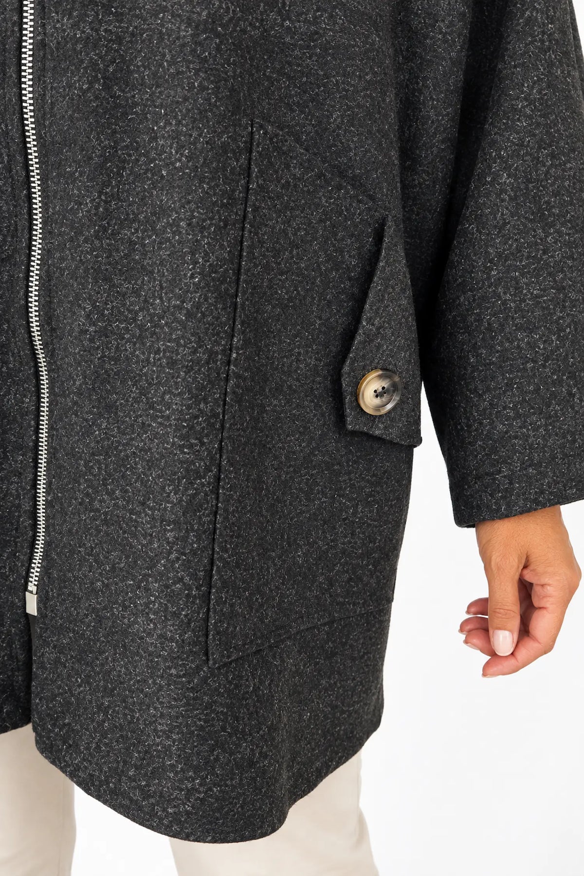 Double Button Pocket Zipped Button Back Sophia Hooded Coat - Black