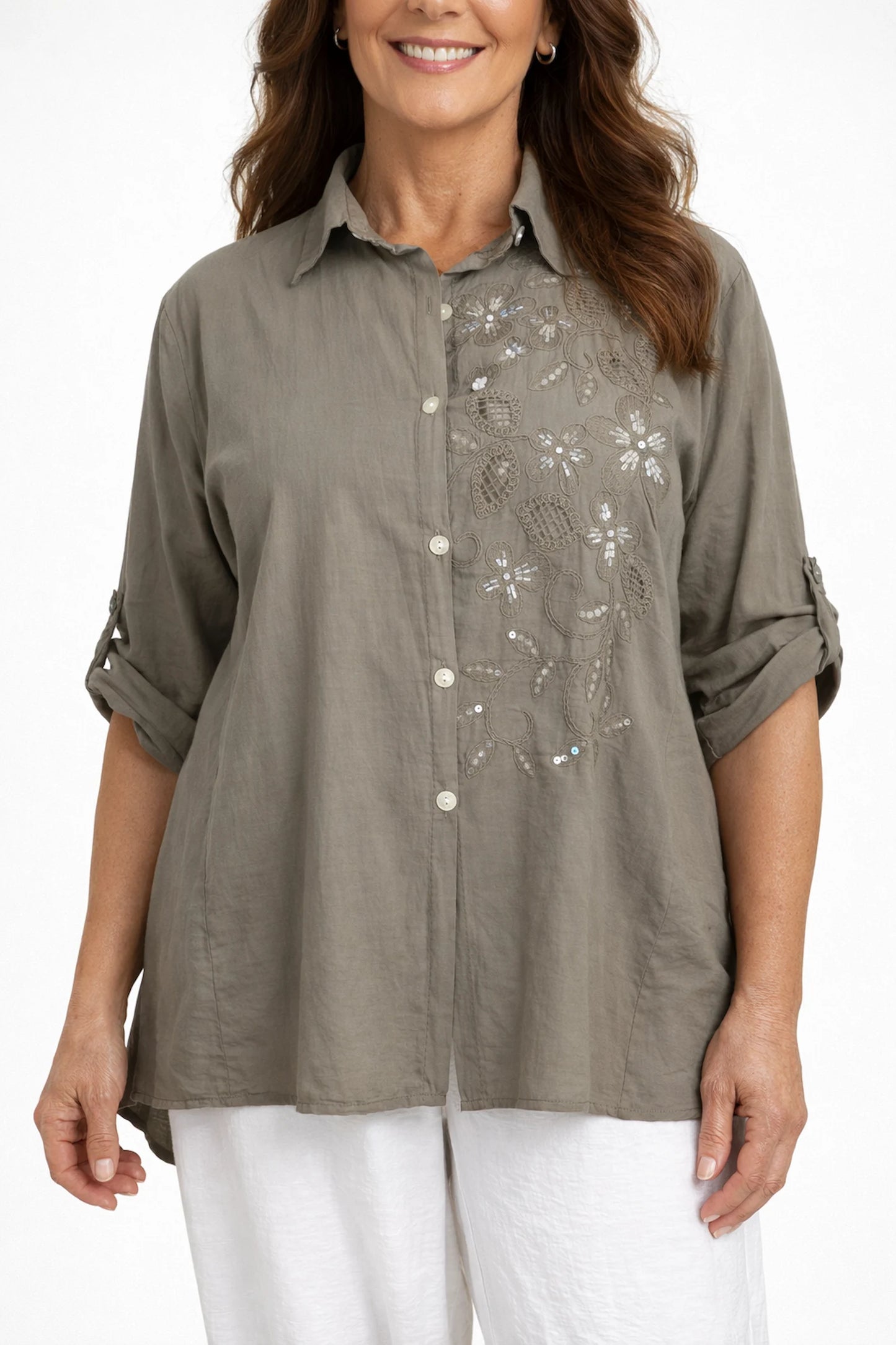 Cotton Embroidered Sequin Floral Button Sleeve Bella Lune Shirt - Mocha