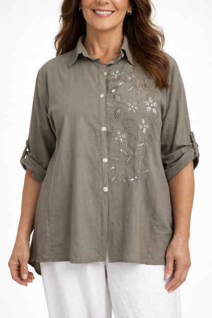 Cotton Embroidered Sequin Floral Button Sleeve Bella Lune Shirt - Mocha