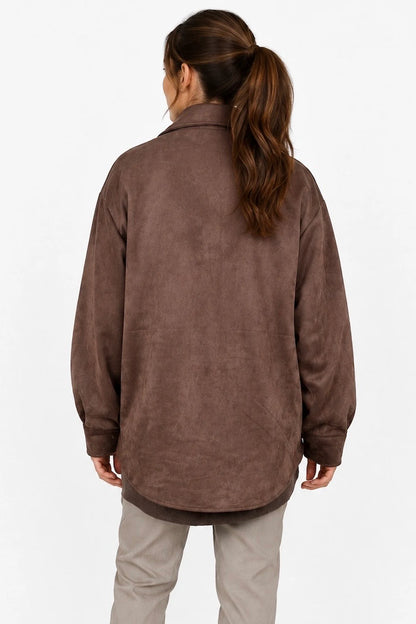 Alexandra Button Sleeve Faux Suede Button Jacket - Chocolate