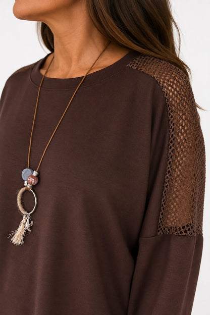 Roxanne Mesh Detail Necklace Top - Chocolate