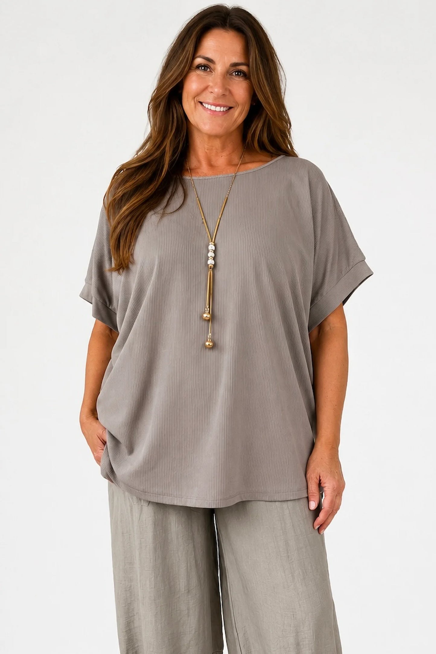 Fine Ribbed Gold Trim Sophia Necklace Top - Mocha