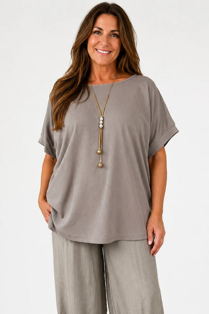 Fine Ribbed Gold Trim Sophia Necklace Top - Mocha
