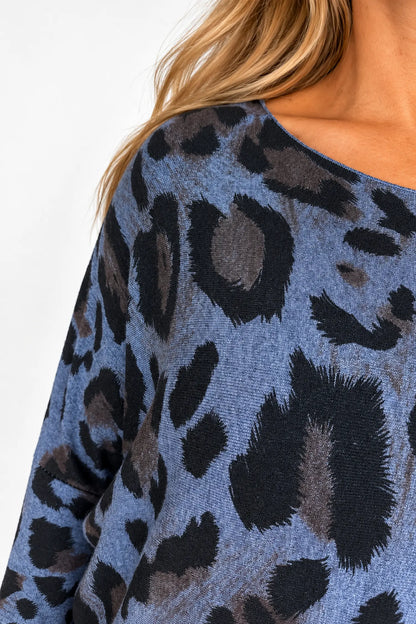 Fine Knit Carly Leopard Top - Midnight Blue