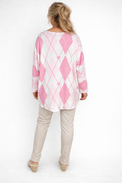 Premium Spring Knit Argyle Heart Florentina Seam Sleeve Top - Soft Rose Pink/Pale Pink