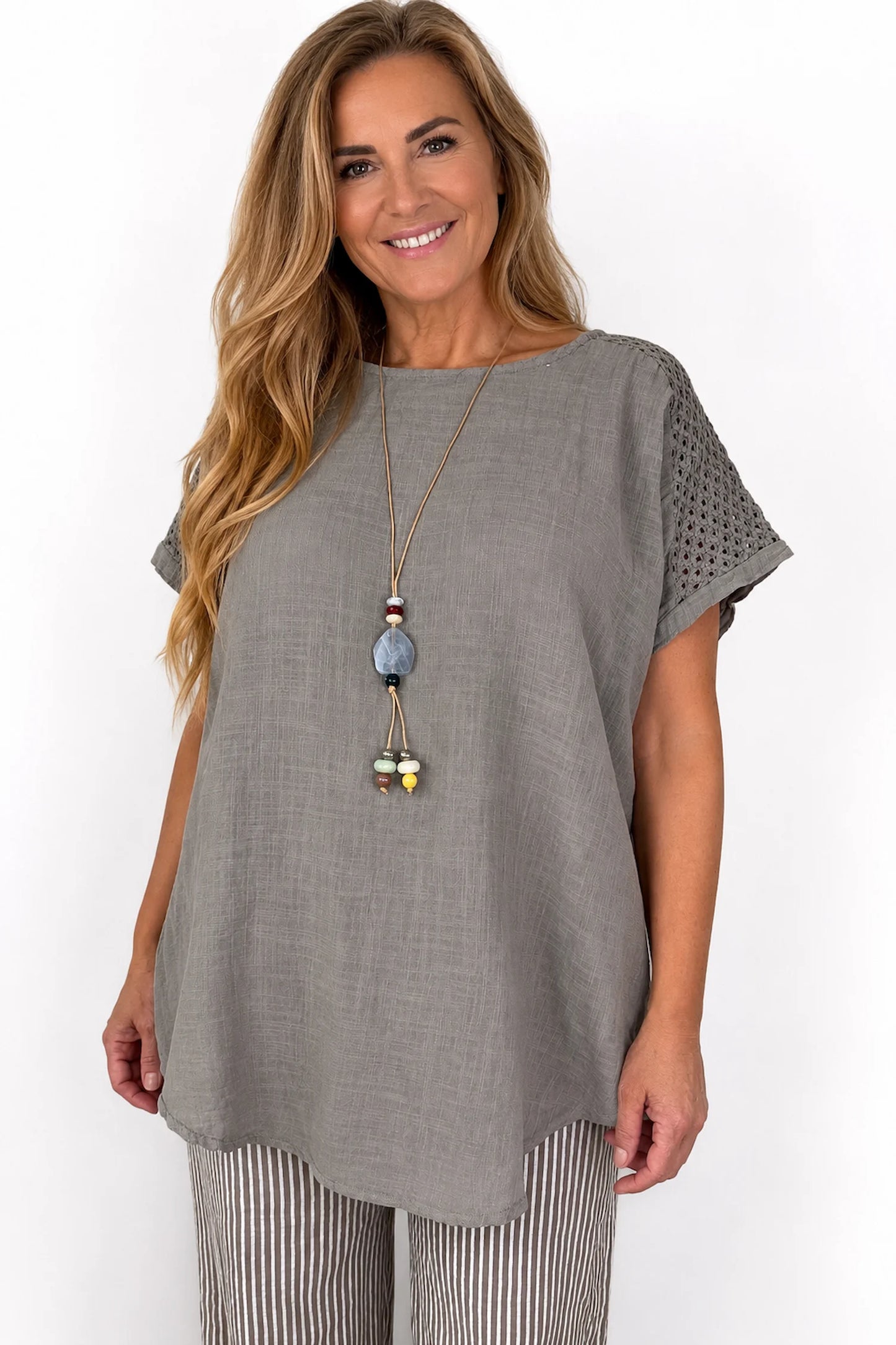 Pure Cotton Crochet Detail Francesca Necklace Top - Mocha