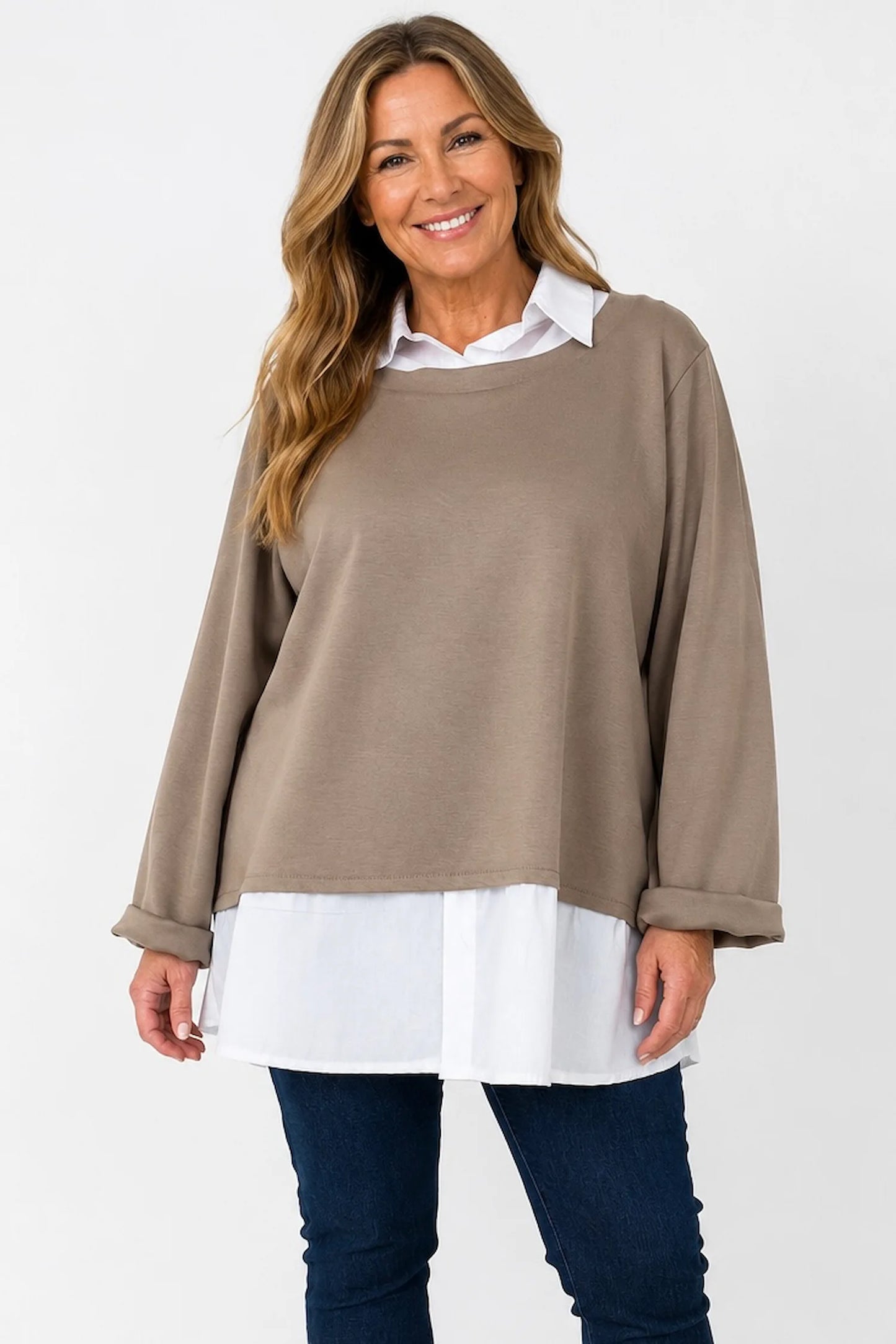 Faux Shirt Layered Milan Top - Mocha