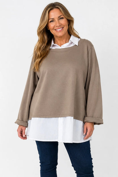 Faux Shirt Layered Milan Top - Mocha