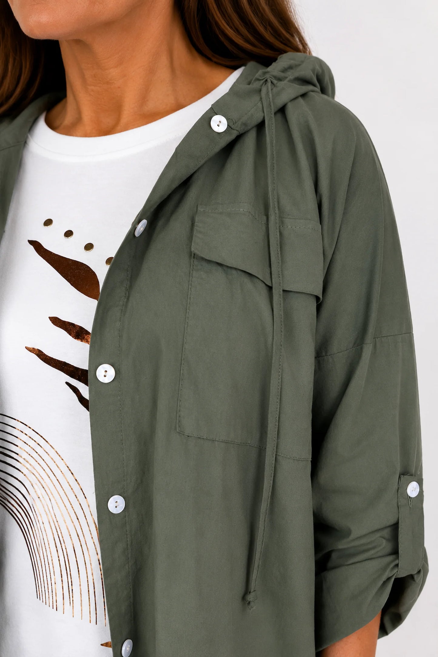 Cotton Double Flap Pocket Button Sleeve Izzy Hooded Overshirt - Khaki