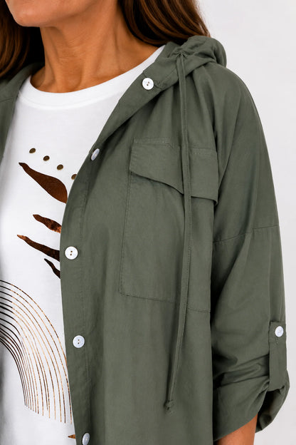 Cotton Double Flap Pocket Button Sleeve Izzy Hooded Overshirt - Khaki