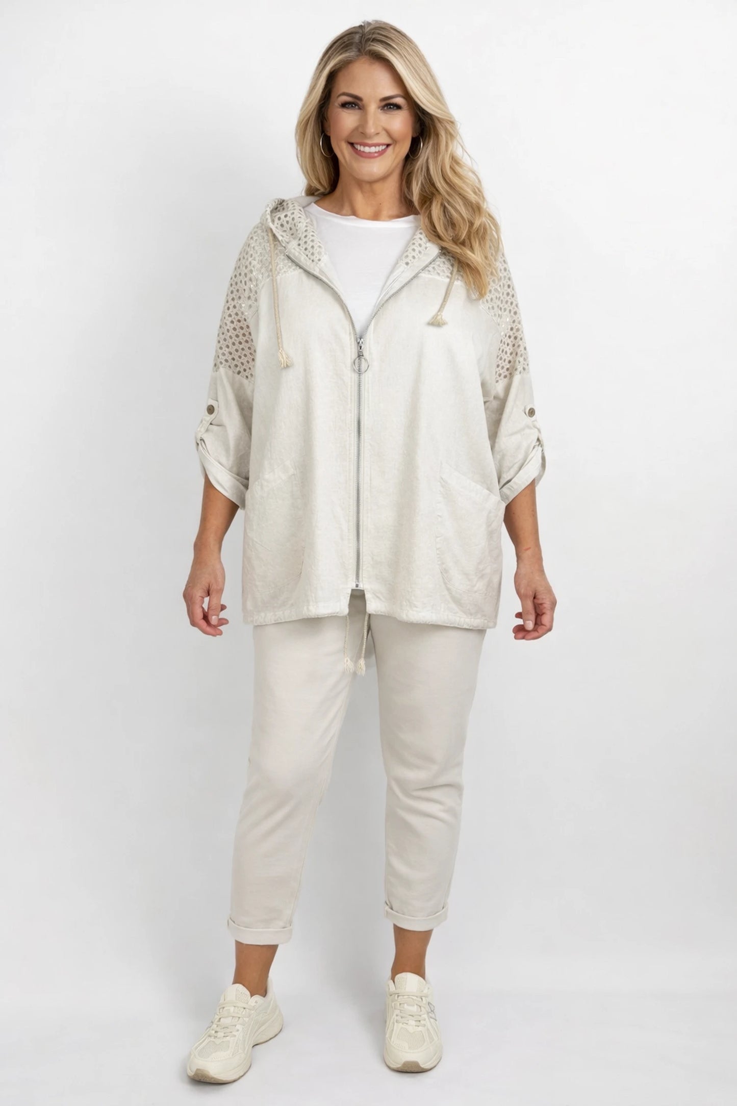 Pure Cotton Linen Look Mesh Detail Button Sleeve Double Pocket Rosalie Zipped Hoodie - Beige