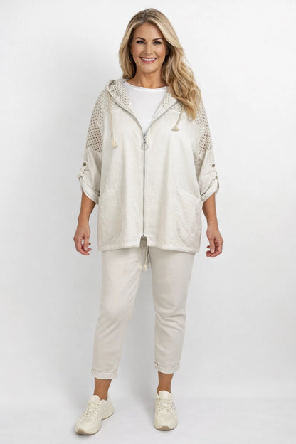Pure Cotton Linen Look Mesh Detail Button Sleeve Double Pocket Rosalie Zipped Hoodie - Beige