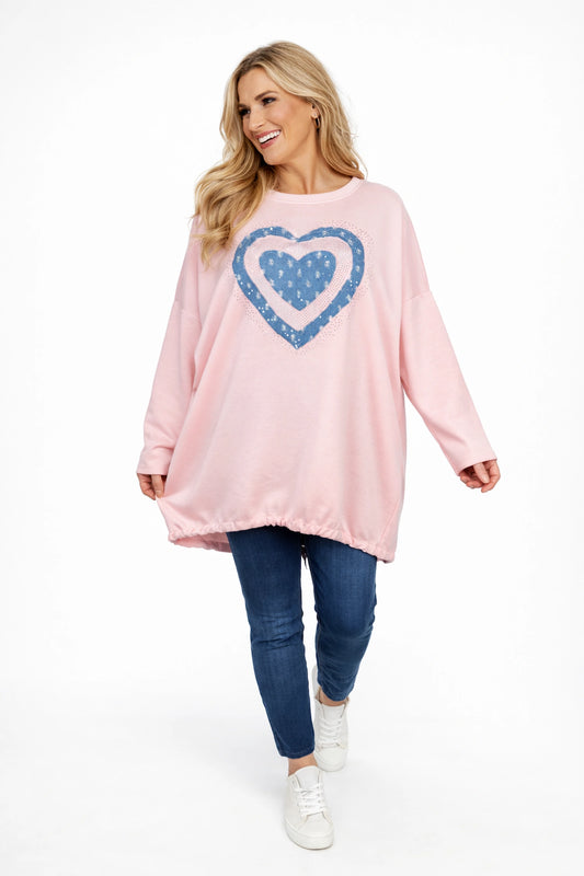 Denim Diamanté Sparkle Heart Veronica Tied Back Detail Sweatshirt - Baby Pink