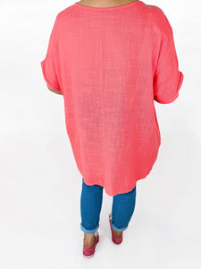 Pure Cotton Double Pocket Siana Sparkle Star Top - Coral